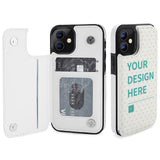 Personalized white PU leather iPhone 12 wallet case with card slots, custom design available.