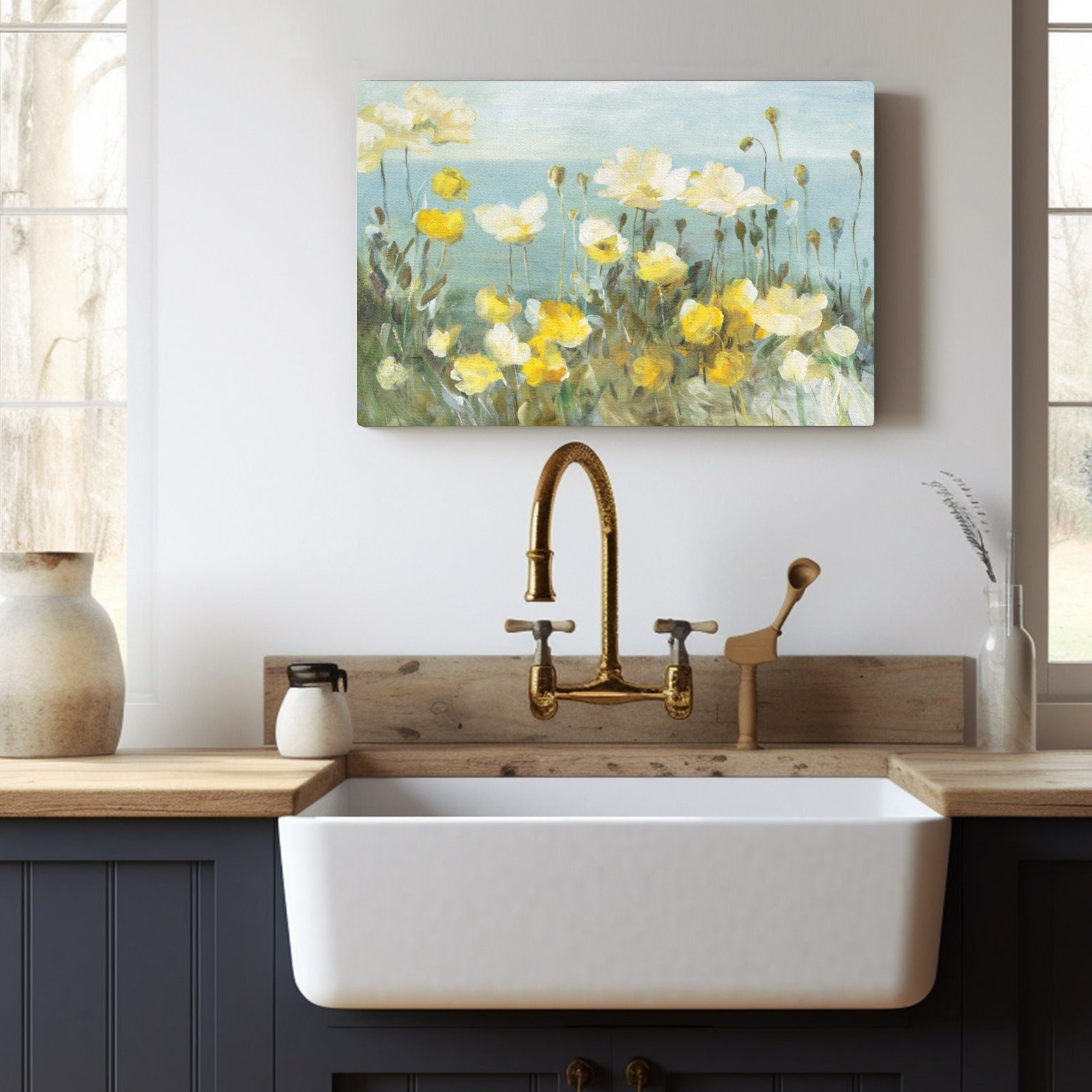 Field of Poppies Canvas Print for kitchen decor. Yellow and white poppy flowers with blue background, made in USA