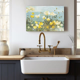 Field of Poppies Canvas Print for kitchen decor. Yellow and white poppy flowers with blue background, made in USA