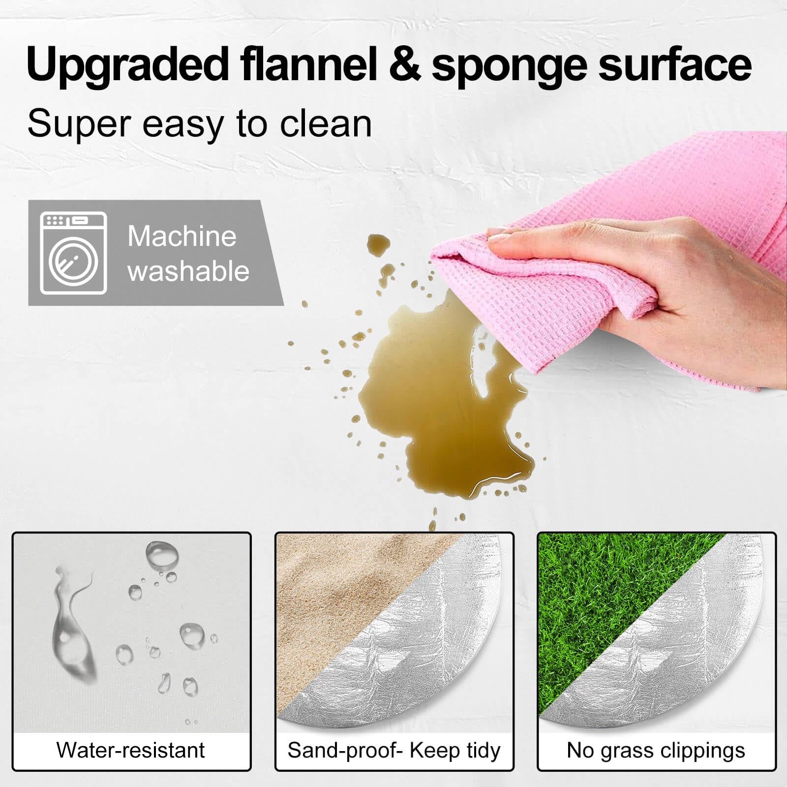 Waterproof picnic mat, easy cleaning, machine washable, and suitable for beach and outdoor use.