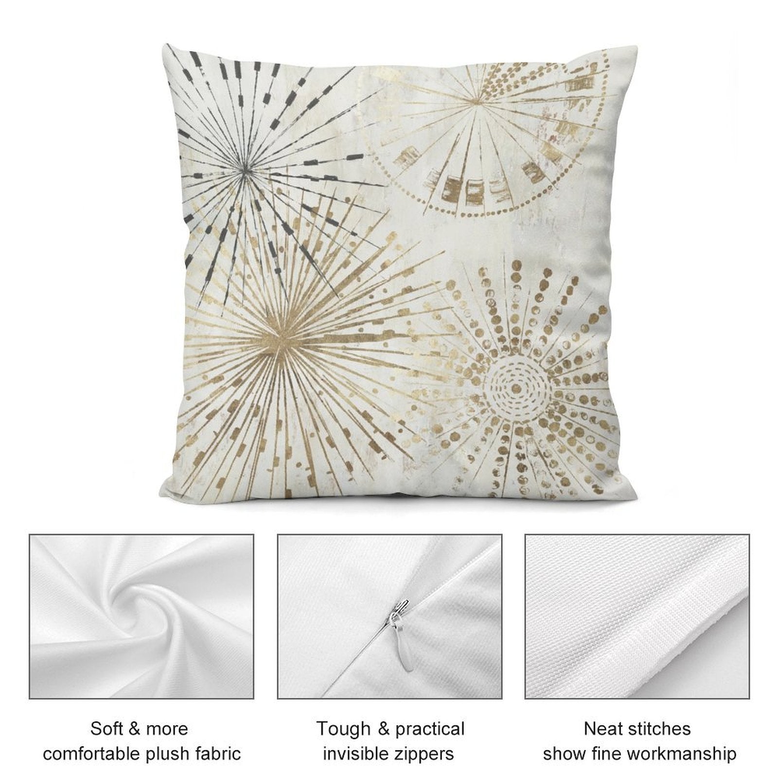 Soft plush pillow cover with gold burst design. Cozy, decorative pillow with invisible zipper for your home.