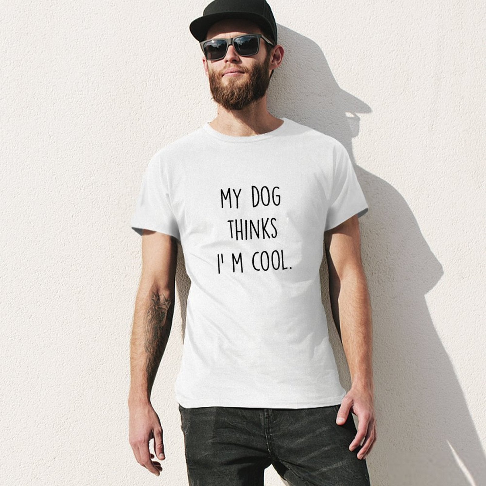 Men's white cotton t-shirt with 'My Dog Thinks I'm Cool' print, classic fit tee