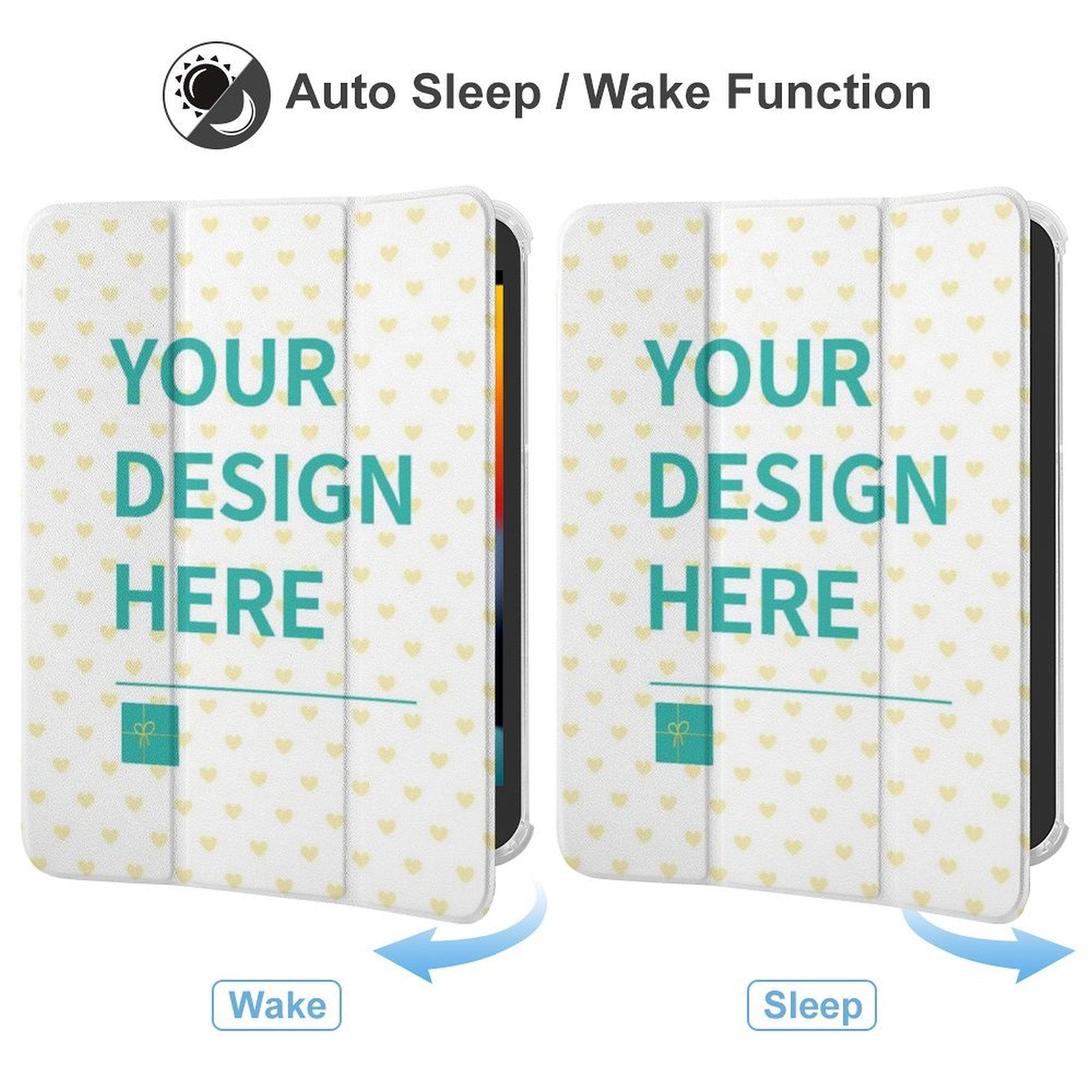 Custom iPad Mini case with your design featuring heart pattern, auto sleep/wake function, personalized gift idea