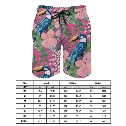 Men's pink toucan Hawaiian swim shorts with quick-dry fabric, beach trunks, and mesh lining.