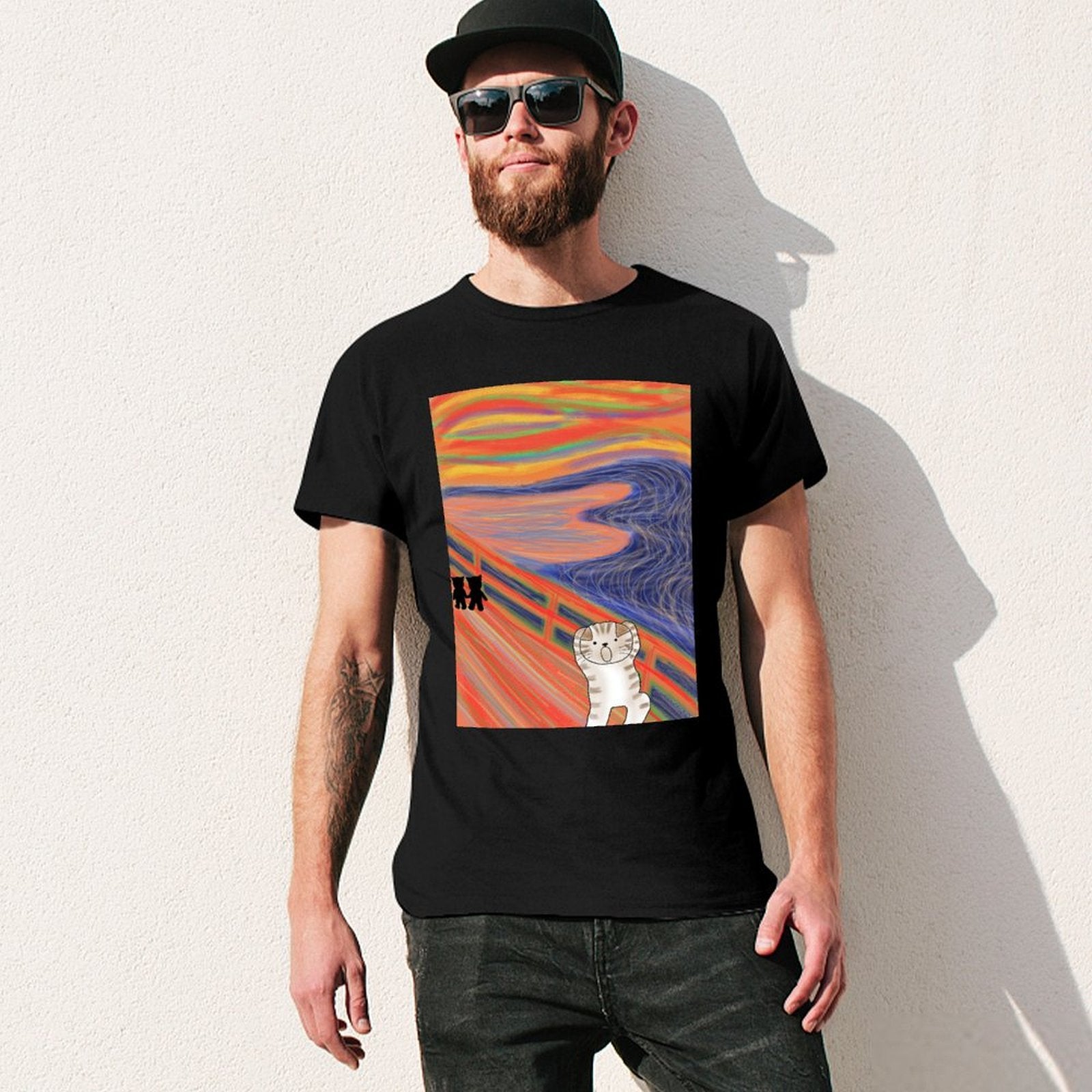 Men's black tee with 'The Scream' cat art print. Classic short sleeve t-shirt from MyArtsyGift.