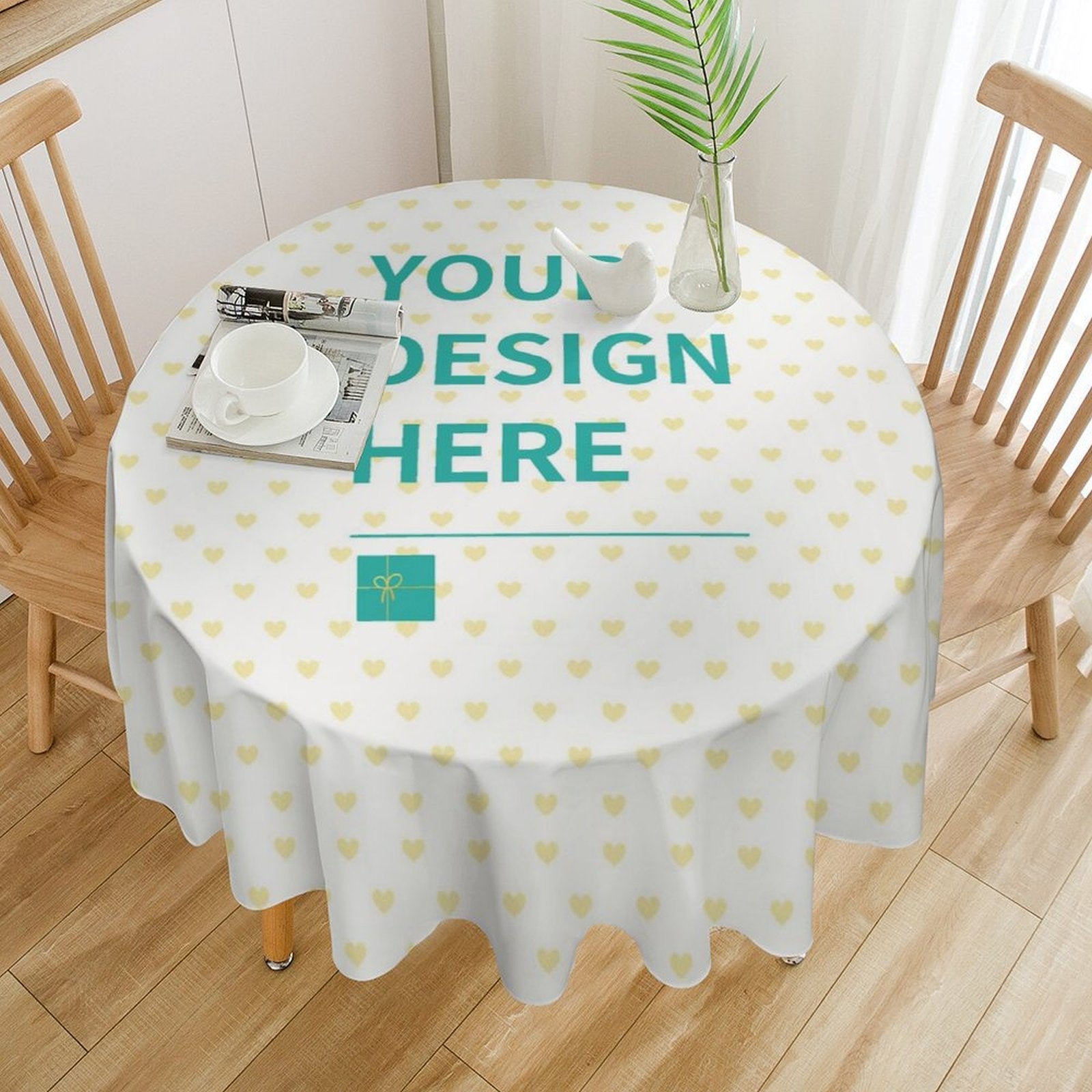 Customizable round tablecloth with 'YOUR DESIGN HERE' message, perfect for dining and events, customizable table cloth.