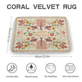 Coral velvet rug with autumn floral design, Gather Together text, non-slip bathroom carpet, 60x40cm