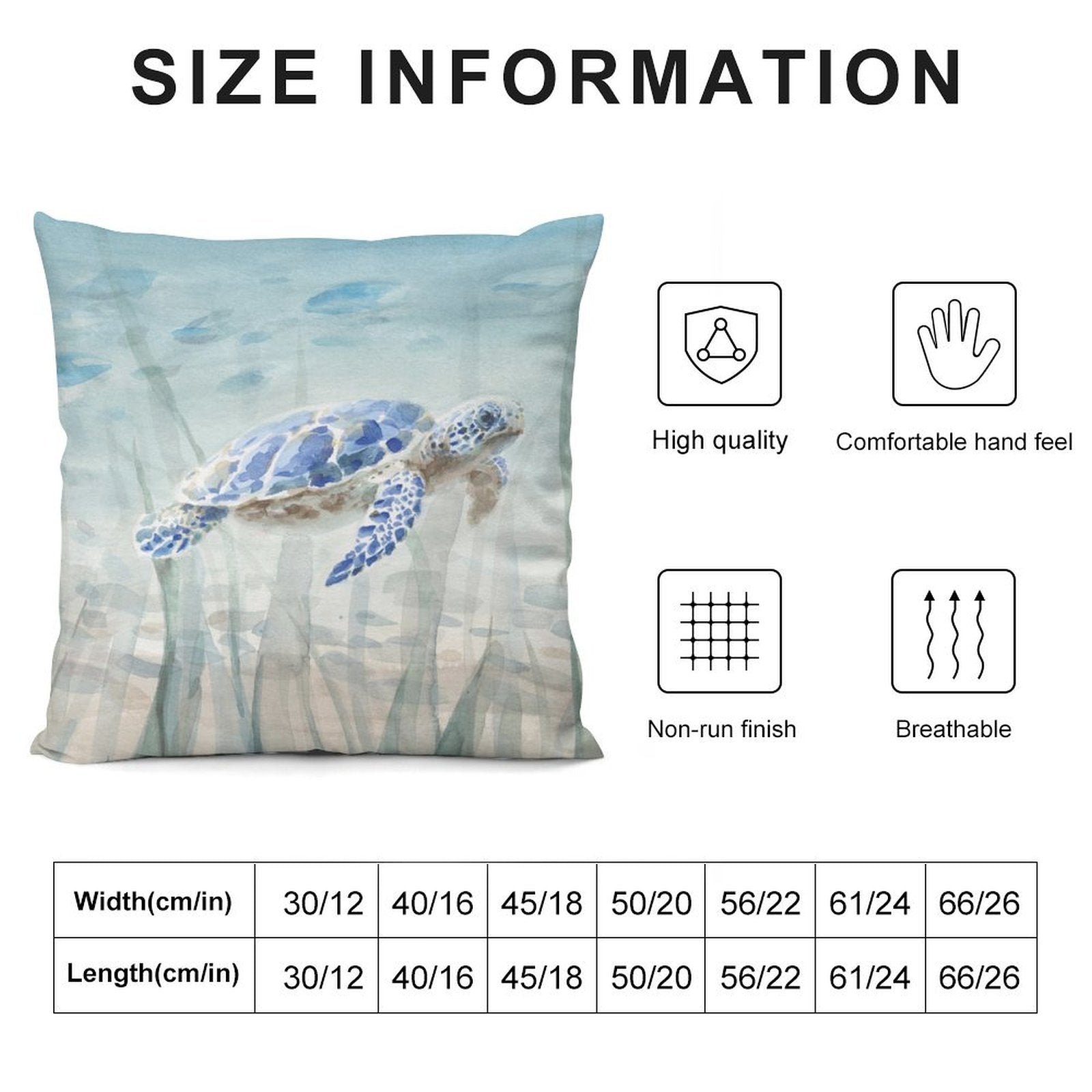 Sea turtle plush pillow cover in watercolor, soft and fluffy for sofa and living room decor, showing size and quality.