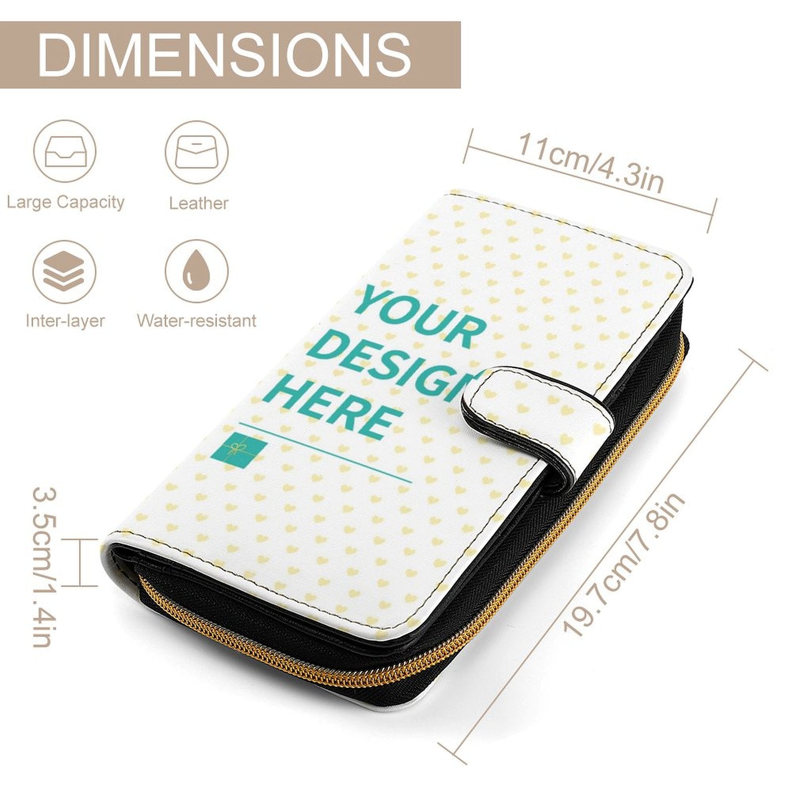 Personalized PU leather long wallet with "YOUR DESIGN HERE" text, perfect for a custom gift.
