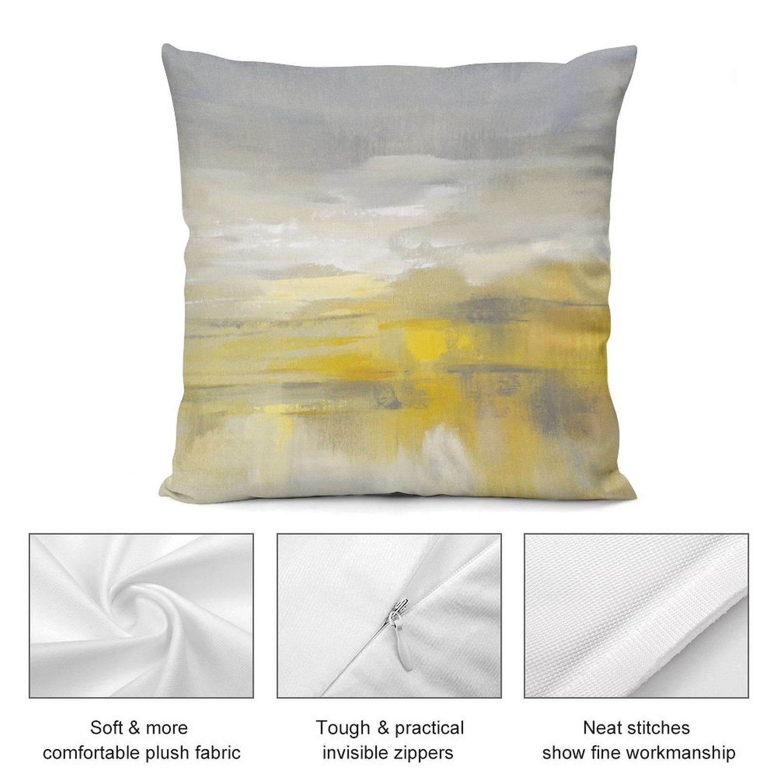 Yellow and gray abstract art pillow cover with soft plush, invisible zipper, and fine stitching for living room.