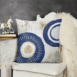 Navy and gold abstract throw pillow on white chair, short plush pillow case for sofa or couch decor.