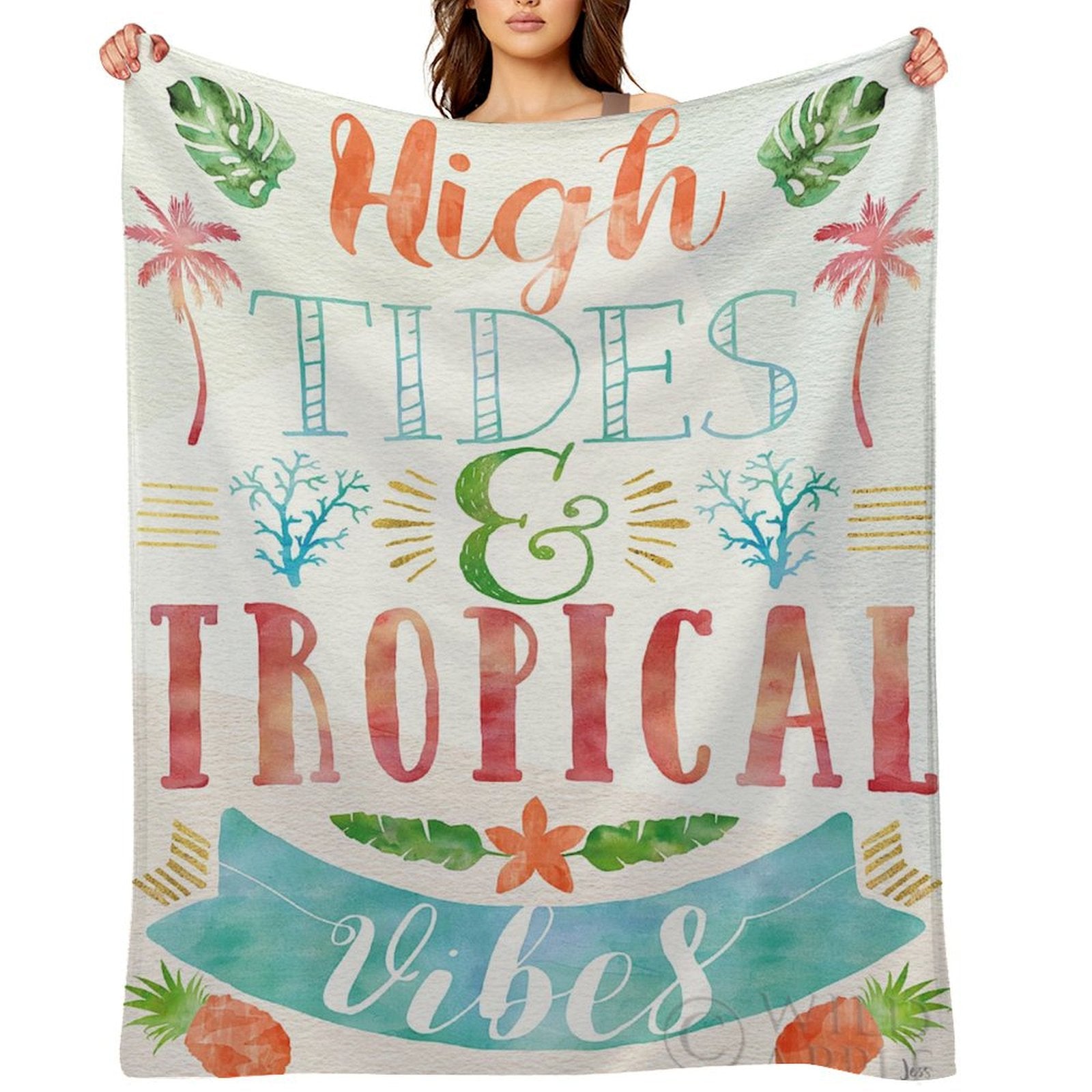 Soft fleece blanket with High Tides & Tropical Vibes design, perfect for bed, sofa, or travel
