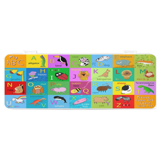 Colorful ABC alphabet pencil box for kids, featuring various animals and the phrase 'Please Come And Learn With Me'.