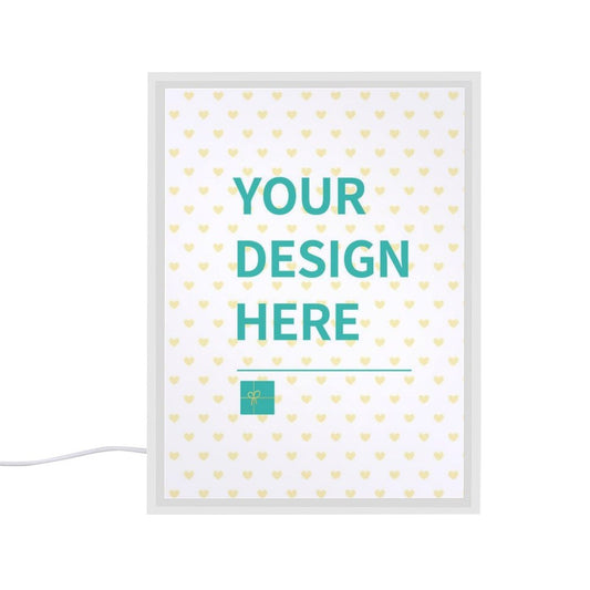 Customizable LED mirror with YOUR DESIGN HERE text, acrylic material for bedroom and bathroom decor, ideal personalized gift.