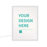 Customizable LED mirror with YOUR DESIGN HERE text, acrylic material for bedroom and bathroom decor, ideal personalized gift.