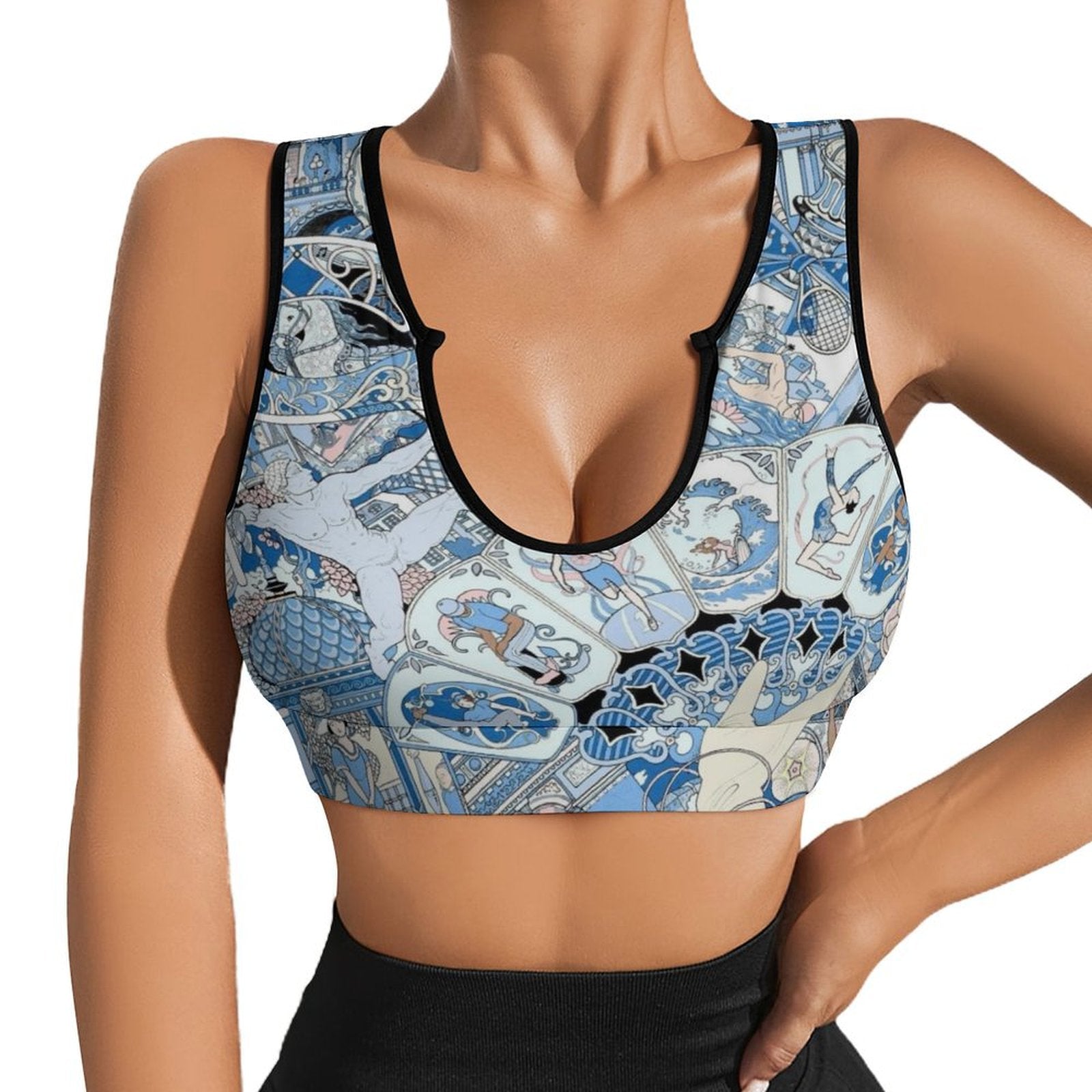 Blue patterned sports bra for yoga and workouts, U-neckline, artistic design, comfortable fit, athletic figures.