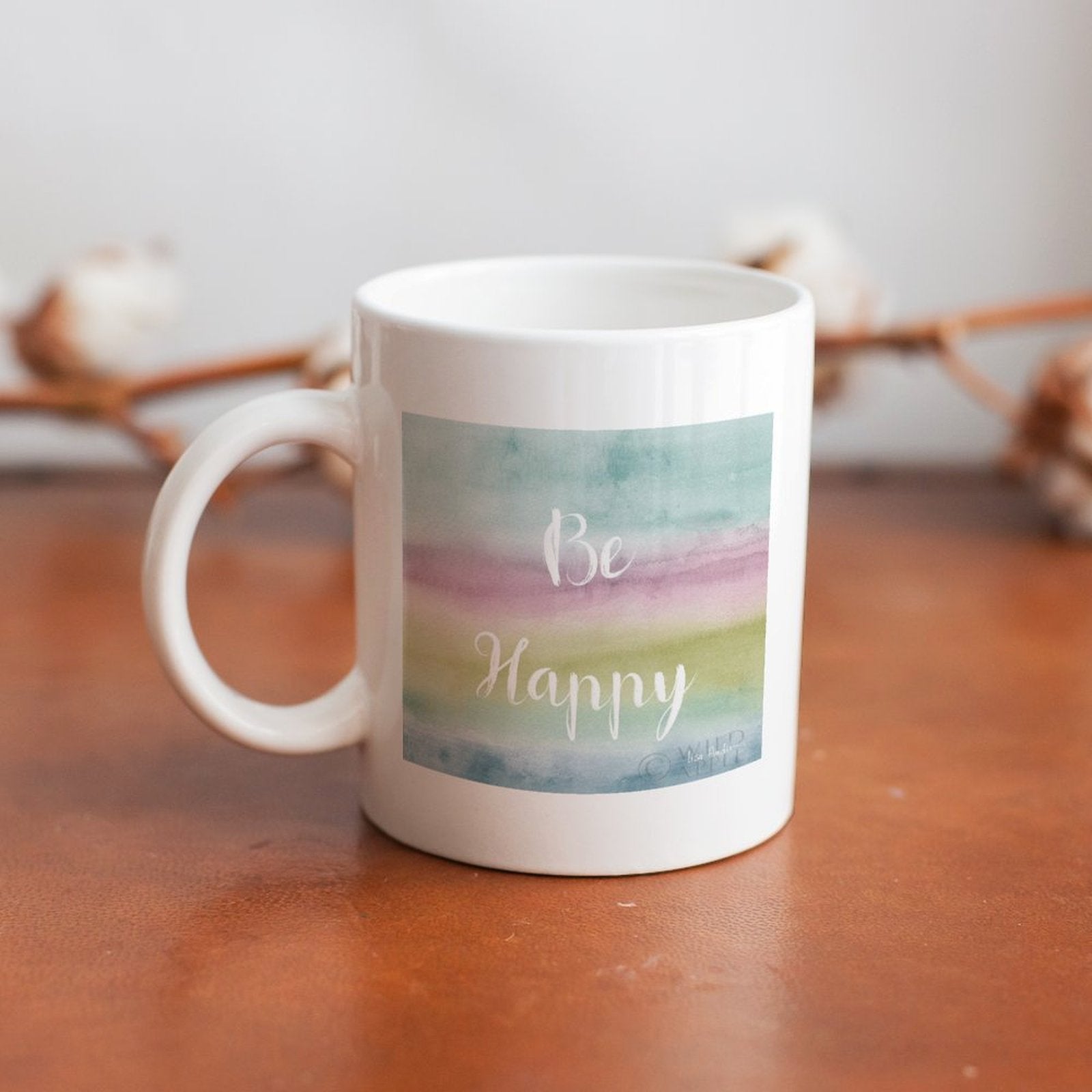 White ceramic Be Happy mug, customizable gift, perfect for home and office use. Made in the USA.