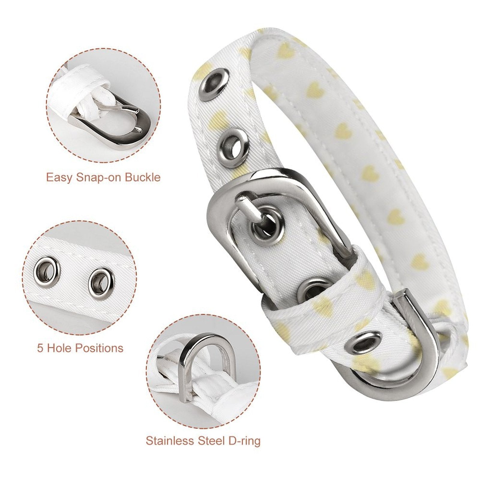 White Oxford fabric pet collar with yellow hearts, stainless steel D-ring, easy snap-on buckle, and 5 hole positions.