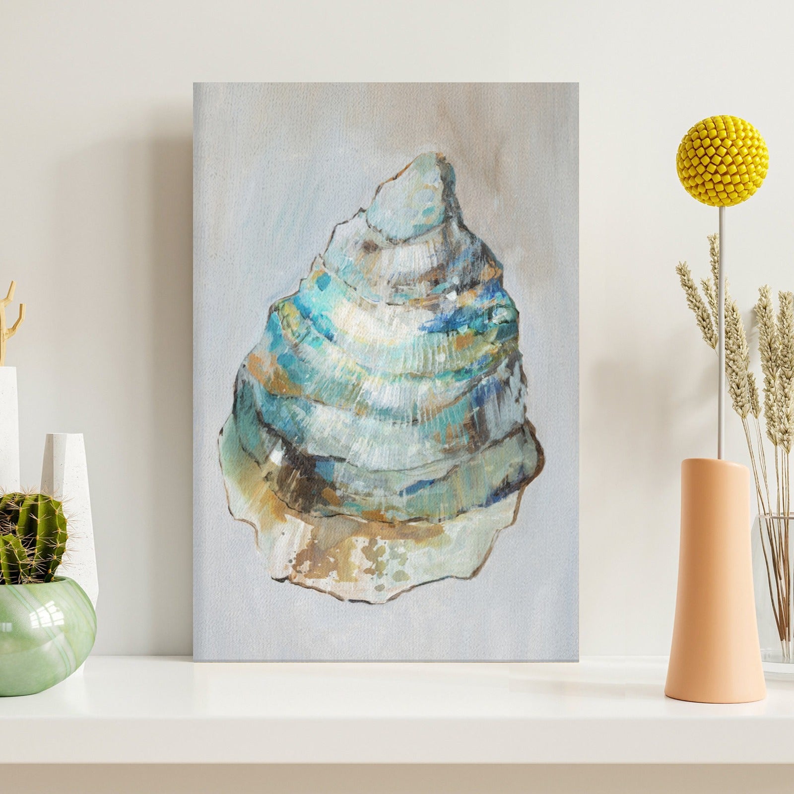 Oyster II Modern Wall Art Canvas Painting for Living Room Decor, features teal and blue shell design