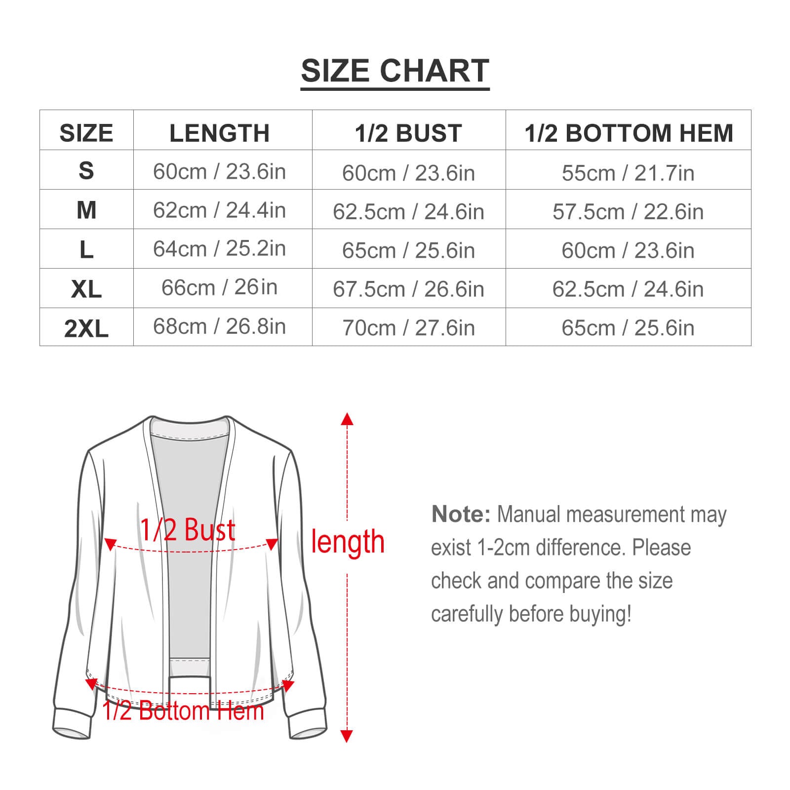 Size chart for custom short cardigan, includes length, bust, and hem measurements for women's outerwear.