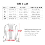 Size chart for custom short cardigan, includes length, bust, and hem measurements for women's outerwear.