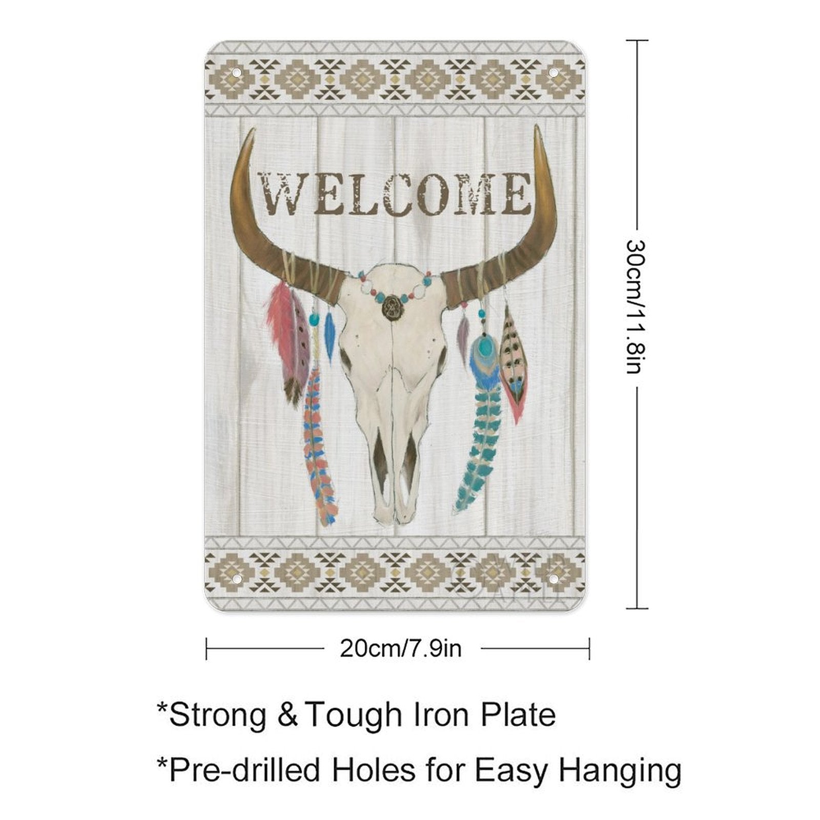 Bohemian metal tin sign, "WELCOME" bull skull with feathers, personalized iron painting for home decor.
