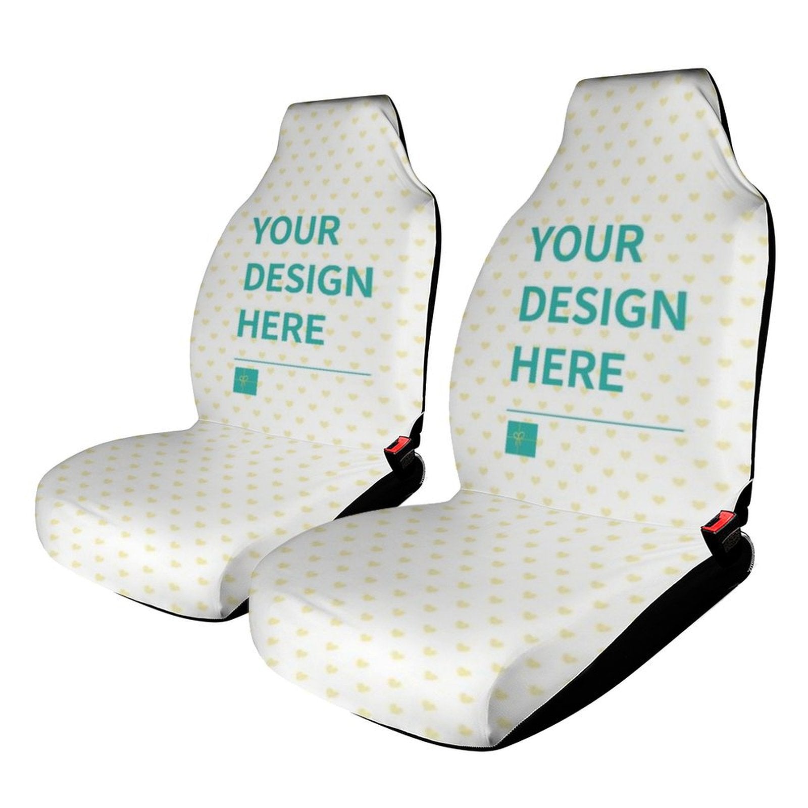 Customizable car seat covers with 'YOUR DESIGN HERE' design, white heart pattern, breathable fabric.