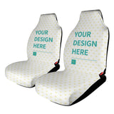 Customizable car seat covers with 'YOUR DESIGN HERE' design, white heart pattern, breathable fabric.