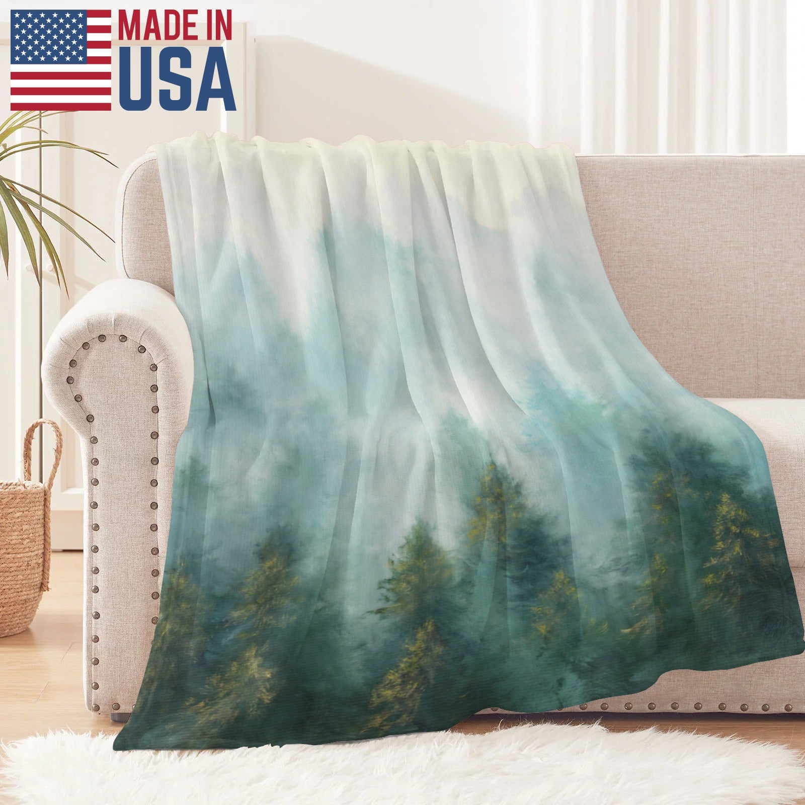 Misty forest flannel blanket made in USA, perfect for indoor and outdoor use, soft and cozy