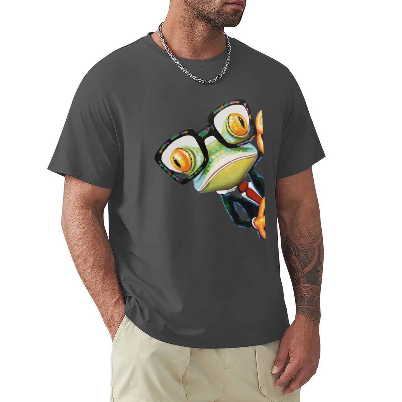 Men's gray crew neck T-shirt with a frog graphic, Classic Tees for Men