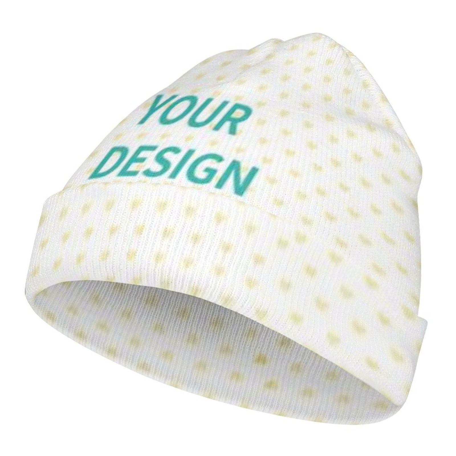 Customizable baby beanie hat with text 'YOUR DESIGN' in green, perfect for baby girls and boys, made of polyester.