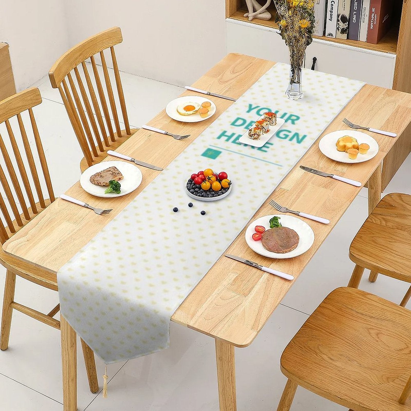 Custom table runner with "YOUR DESIGN HERE" design on a table set for dining, perfect for party or wedding decorations