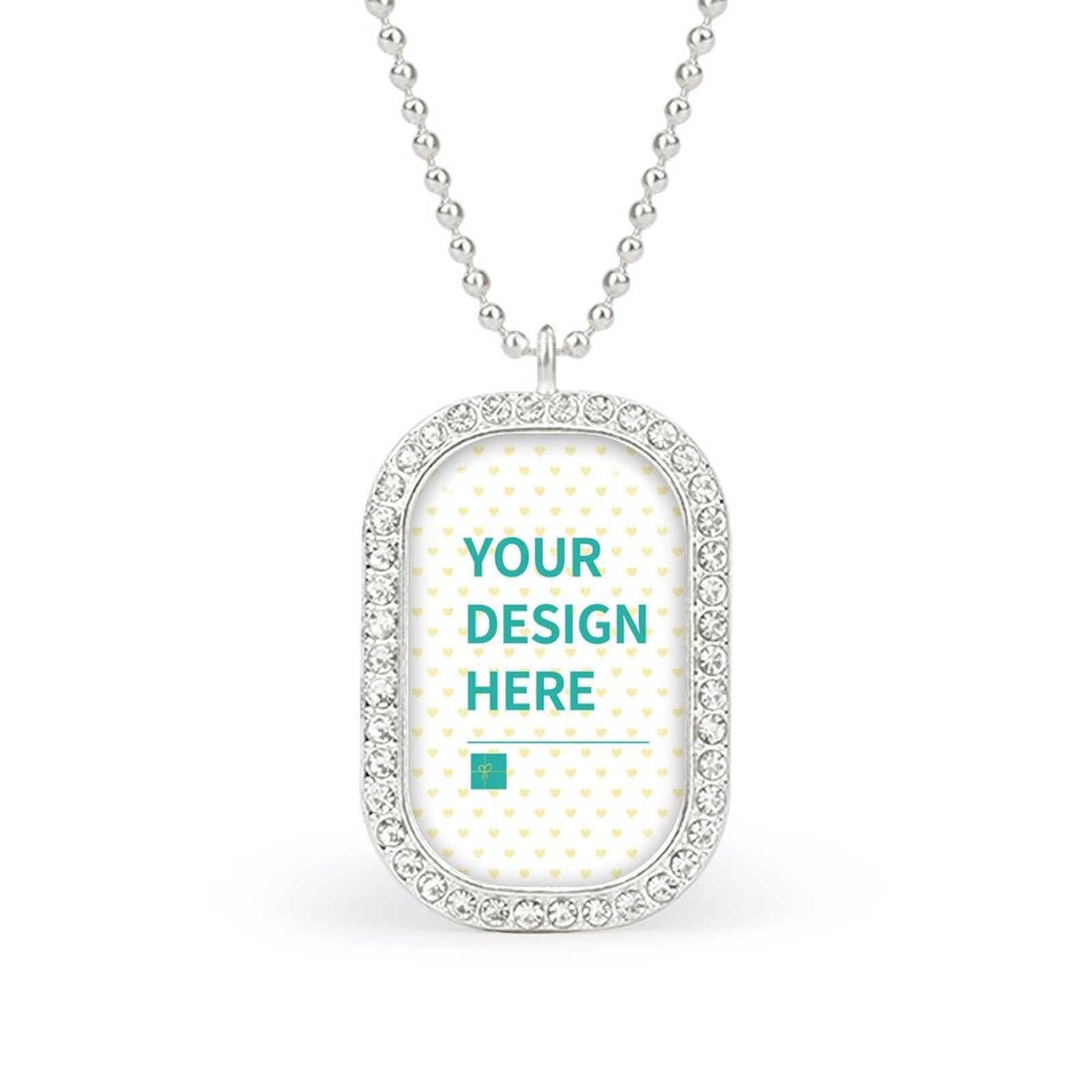 Custom Memory Necklace - Silver alloy pendant with crystal border, 'YOUR DESIGN HERE' text, personalized gift