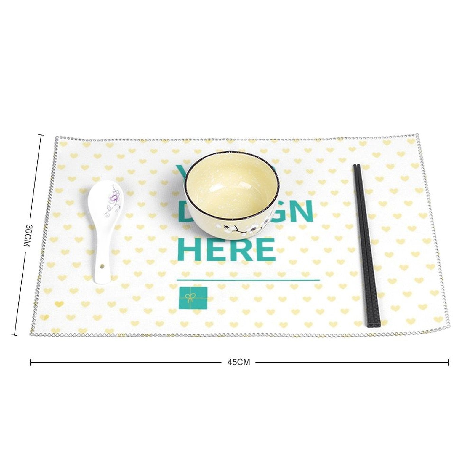 Customizable placemat set with heart pattern; placemat design with bowl, spoon, chopsticks, and 'DESIGN HERE' text