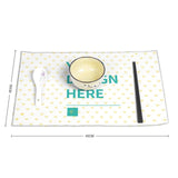 Customizable placemat set with heart pattern; placemat design with bowl, spoon, chopsticks, and 'DESIGN HERE' text
