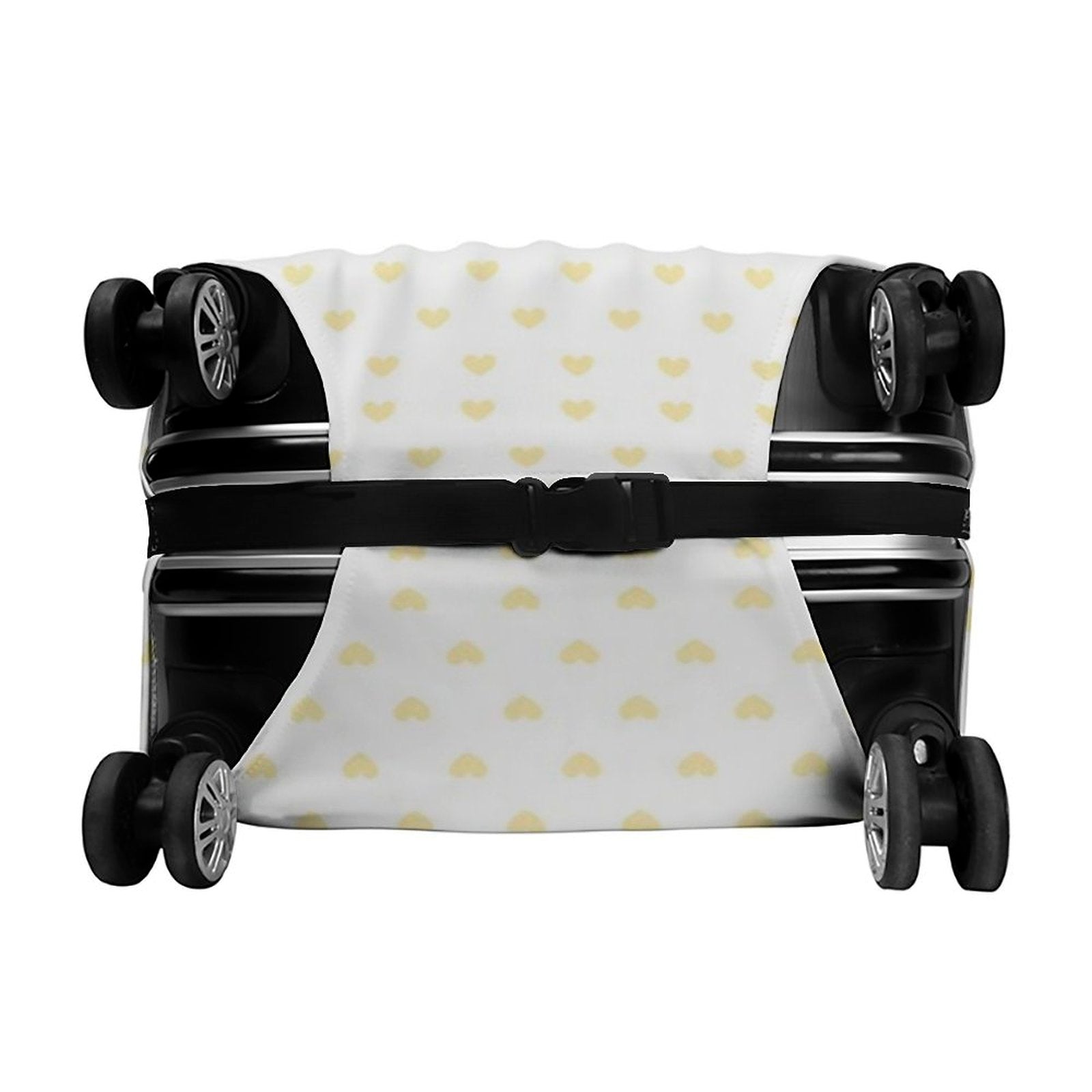 Custom luggage cover with yellow hearts, protecting a black suitcase, elastic and washable, MyArtsyGift