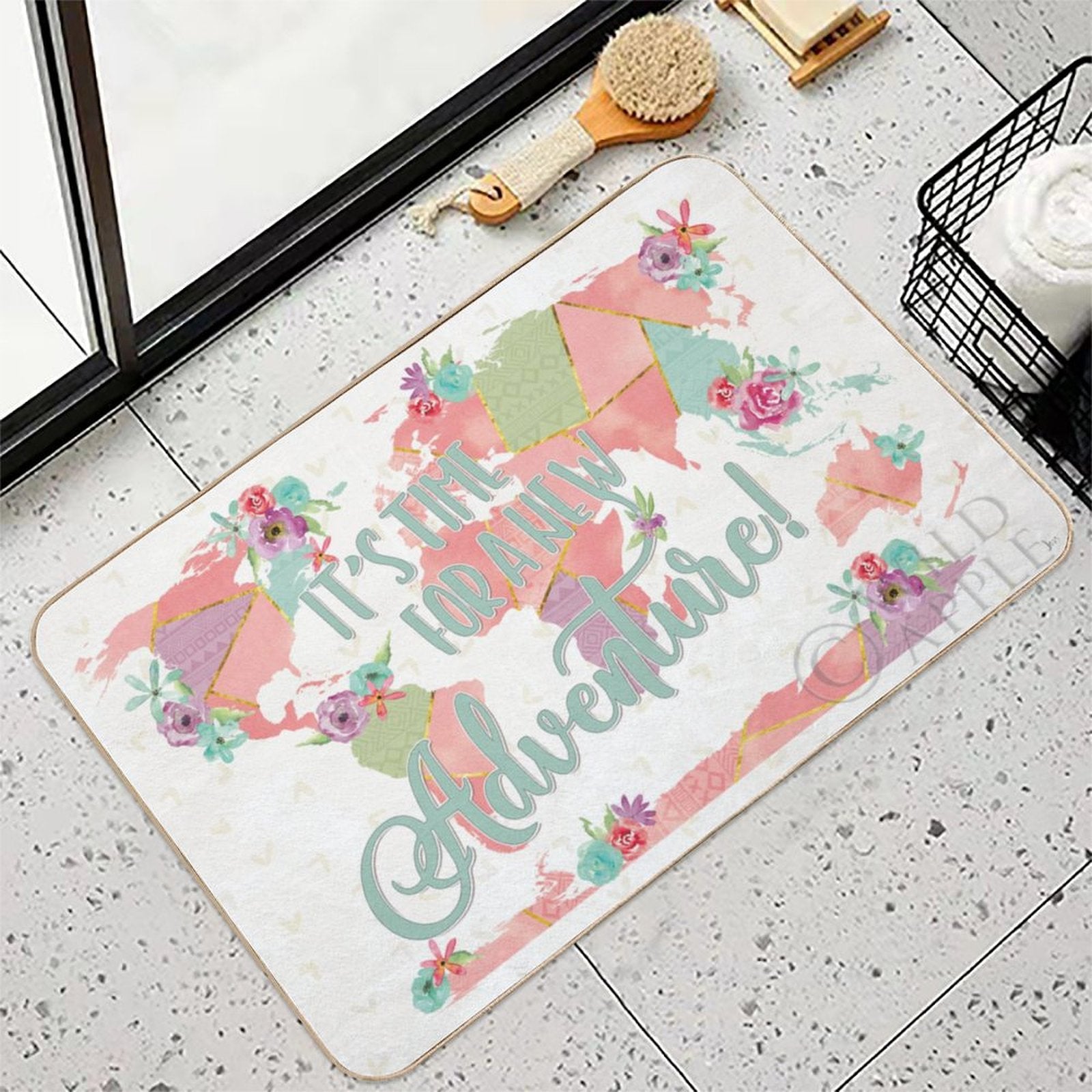 Personalized floral world map floor mat with adventure quote; washable bathroom rug