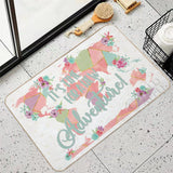 Personalized floral world map floor mat with adventure quote; washable bathroom rug
