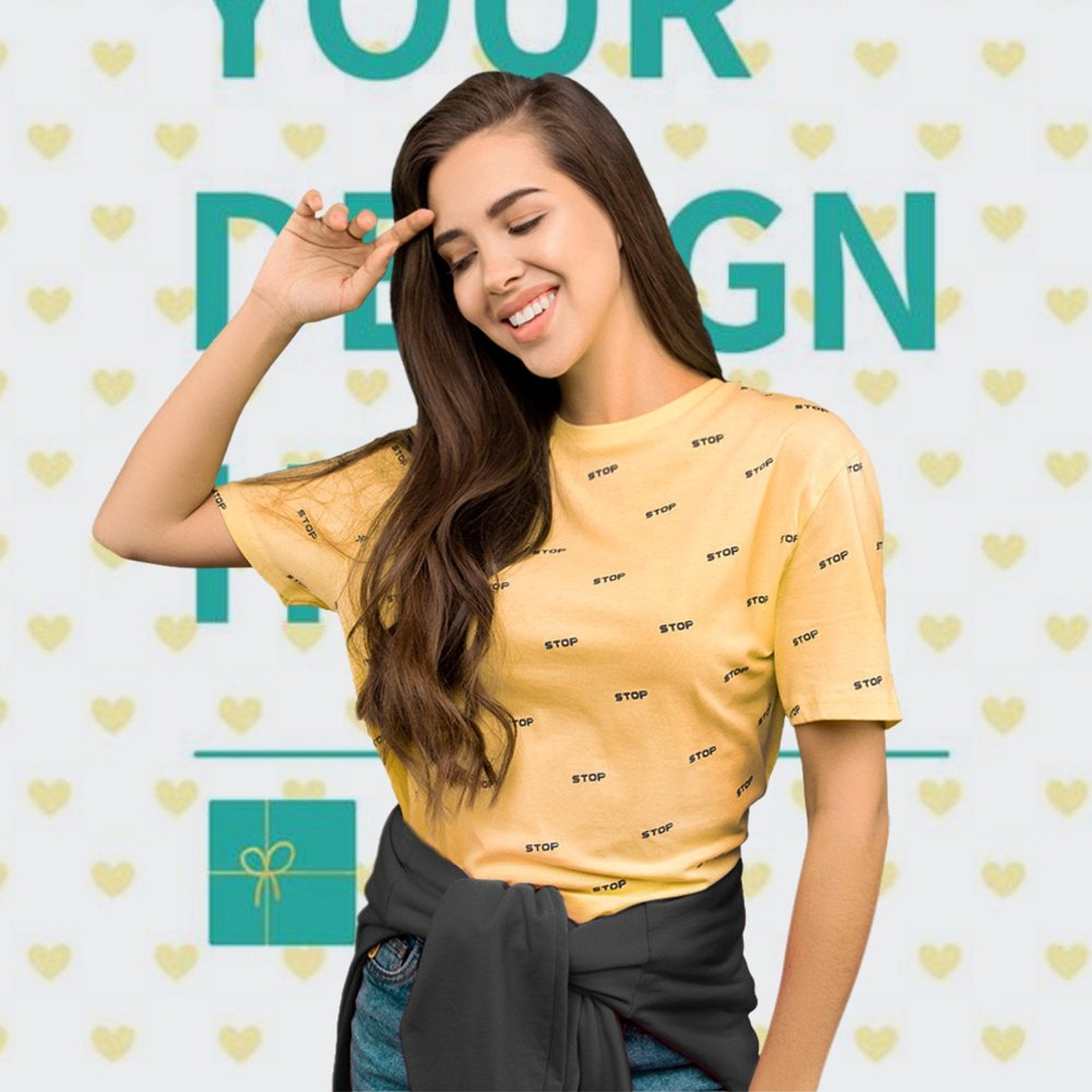Customizable Design Model Wearing Yellow T-shirt with STOP, perfect for personalized gifts, MyArtsyGift.com