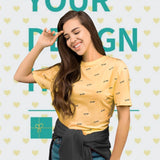 Customizable Design Model Wearing Yellow T-shirt with STOP, perfect for personalized gifts, MyArtsyGift.com