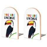Unique Toucan Bookends, Wooden bookends with metal base, Colorful Art for Library Office School