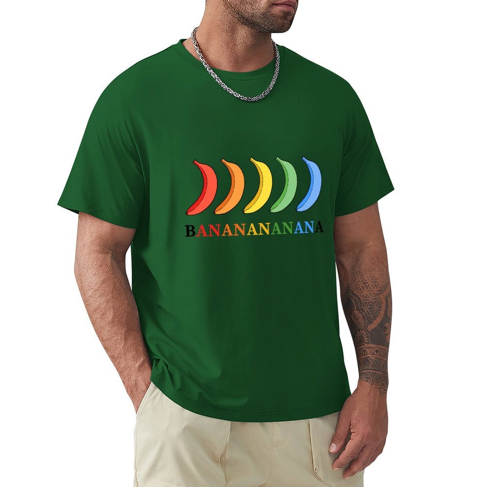 Men's green t-shirt with colorful banana design, MyArtsyGift, classic tee.