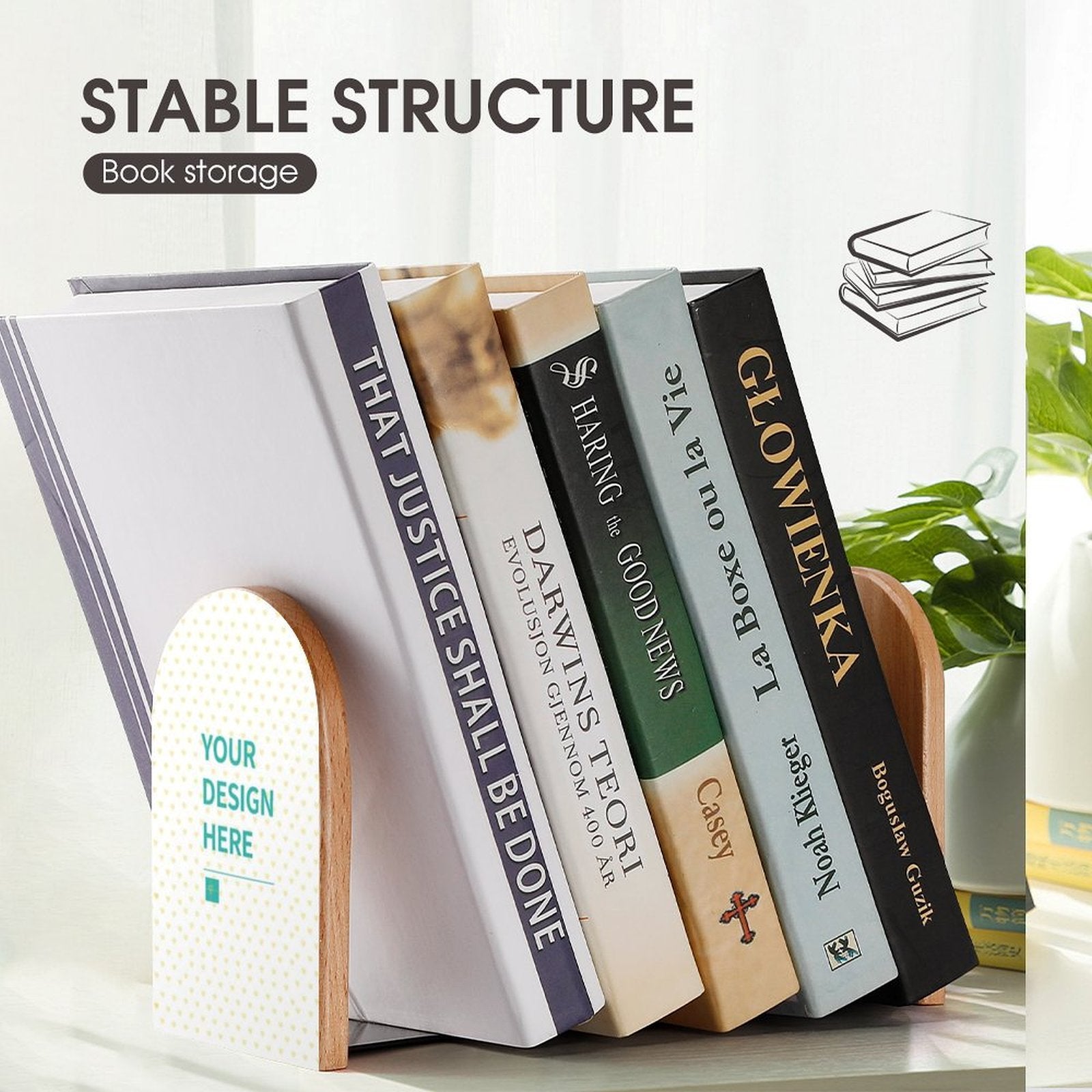 Custom beech wood bookends with user's design, holding books, perfect for office bookshelf, ensuring stable book storage.