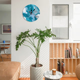 Personalized Simplicity Wooden Wall Clock with Blue Abstract Art on white wall, home decor