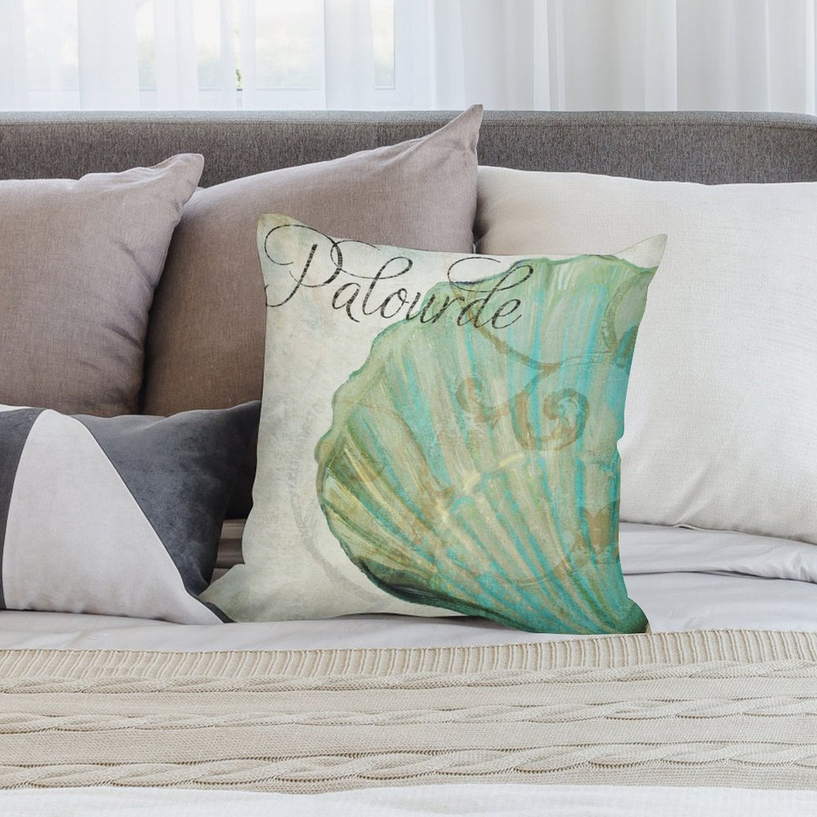 Teal seashell "Palourde" plush pillow cover for sofa and living room decor, soft short plush material