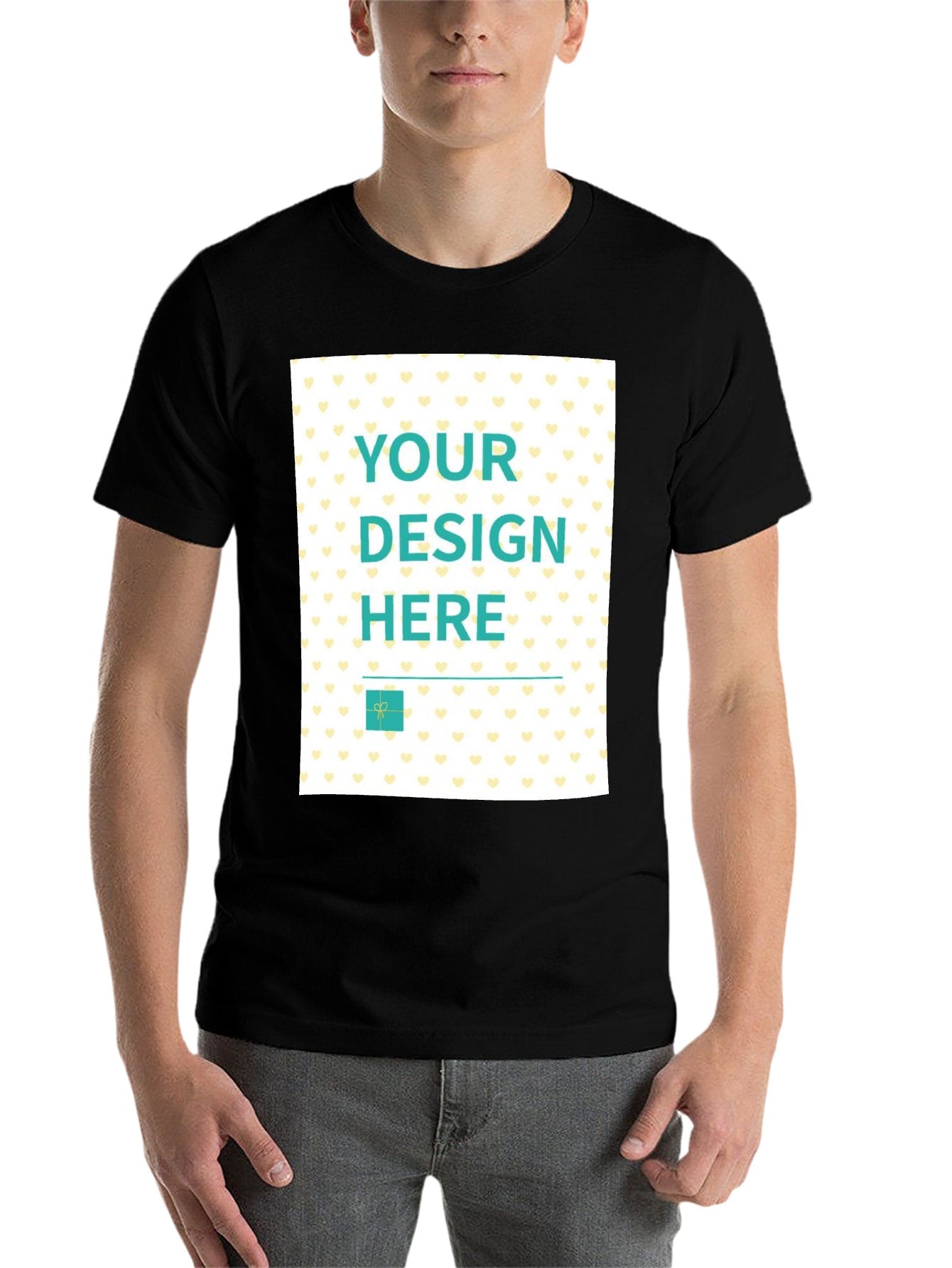 Custom black men's t-shirt with YOUR DESIGN HERE design and heart pattern, perfect for personalization.