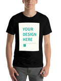 Custom black men's t-shirt with YOUR DESIGN HERE design and heart pattern, perfect for personalization.
