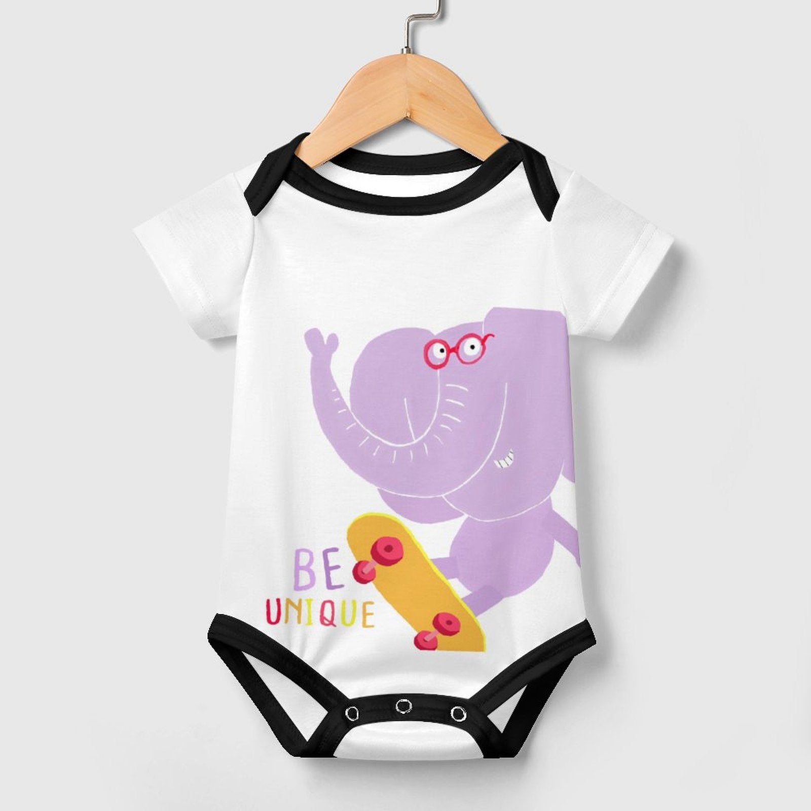 Infant bodysuit with a skateboarding purple elephant and the phrase 'BE UNIQUE', MyArtsyGift.