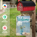 Coastal Floral Welcome Garden Flag with peony and seashell art, double-sided, made in USA