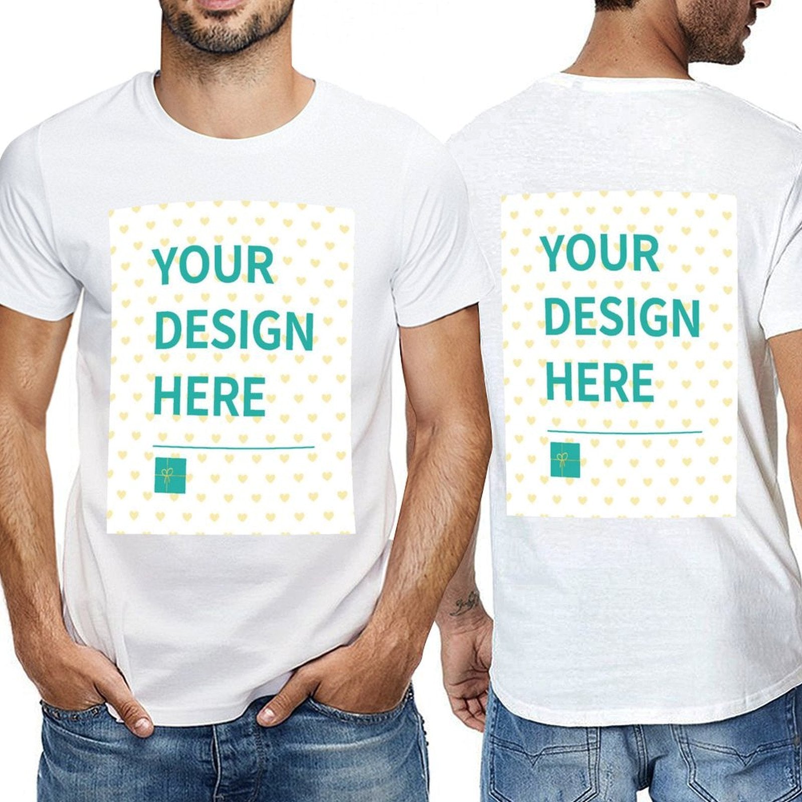 MyArtsyGift Men's custom white double-sided t-shirt with 'YOUR DESIGN HERE' print, cotton fabric.